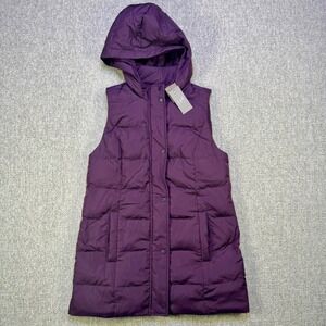 J.Jill Down Hooded Long Puffer Vest Plum Purple Snap Zip Sleeveless NWT‎ XS